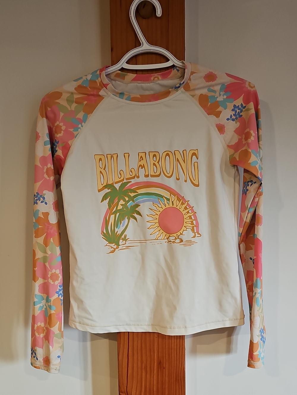 Billabong White Long Sleeve Rash Guard with Pastel Floral Sleeves